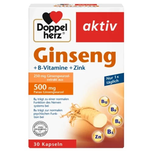 Doppelherz aktiv Ginseng with B-Vitamins & Zinc – German Herbal Adaptogen & Cognitive Support 30 Capsules